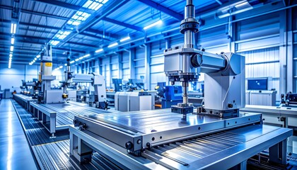 広い工場フロアに配置された工作機械が量産体制を示す光景