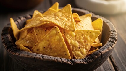 Delicious triangular tortilla chips in rustic wooden bowl for National Corn Chip Day