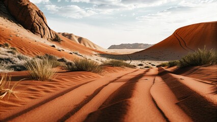 Red sand desert landscape with rugged dunes and sparse vegetation under cloudy sky