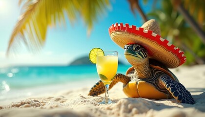 Obraz premium Turtle wearing sombrero sits on beach sand, drinks yellow cocktail with lime. Ocean, palm trees, blue sky create tropical vacation atmosphere.