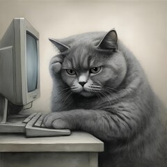 Gray cat sitting at computer with a frustrated expression  