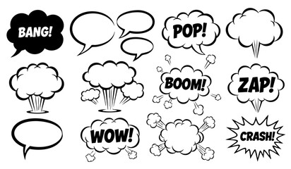 Comic boom cartoon effect line element set. Comic speech bubble pow, boom text, explosive splash smoke, wow cartoon vector icon. Hand drawn sketch doodle explosive element. Vector illustration.