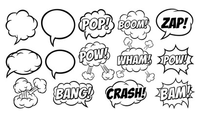 Comic boom cartoon effect line element set. Comic speech bubble pow, boom text, explosive splash smoke, wow cartoon vector icon. Hand drawn sketch doodle explosive element. Vector illustration.