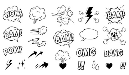 Comic boom cartoon effect line element set. Comic speech bubble pow, boom text, explosive splash smoke, wow cartoon vector icon. Hand drawn sketch doodle explosive element. Vector illustration.