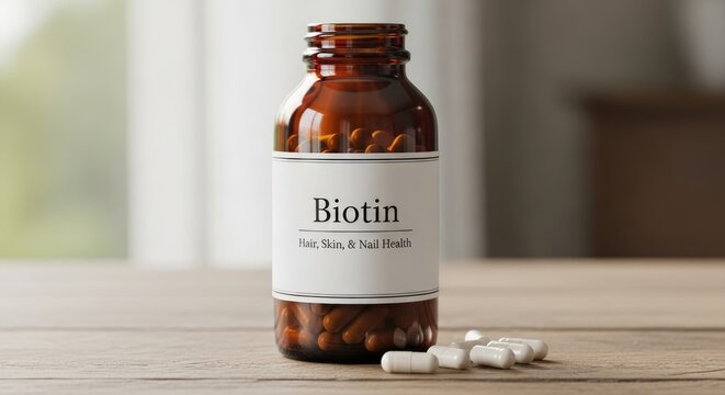 Amber glass bottle filled with biotin capsules rests on a wooden surface with scattered white pills, promoting hair skin and nail wellness.