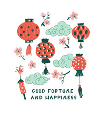 Chinese Spring Blossom Festival Illustration with Lanterns and Flowers Flat Vector Design