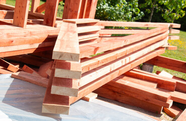 Wooden structure, wooden beams. Wooden rafters. new building