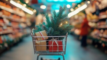 christmas background, gifts with shopping cart