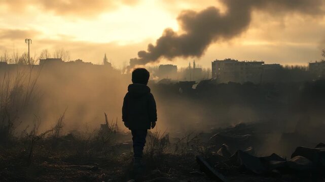Emotional War Zone Scene with Smoke and Ruins