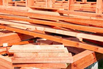 Wooden structure, wooden beams. Wooden rafters. new building