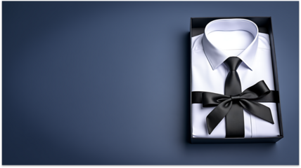 Elegant White Dress Shirt with Black Tie Bow in a Gift Box on a Dark Blue Background, Perfect Present