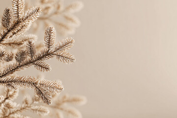 Close-up of a frosted pine branch with soft background, elegant winter holiday theme.