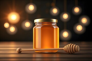 A glass jar filled with golden honey and a wooden dipper on a rustic table with bokeh lights