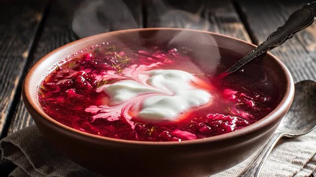 Hot Beetroot Soup with Sour Cream Topping, Traditional Cuisine
