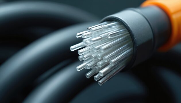 Close-up view of optical fiber bundle with clear glass strands ready for data transfer. Shiny thin threads connect modern world. Tech concept. - Powered by Adobe