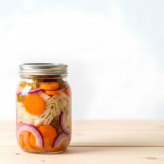 Glass jar of homemade fermented vegetables placed near the bottom center of a light wooden surface, wide empty area of clean background above as negative space for headlines, bright and fresh feel.