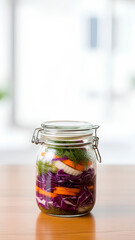 Glass jar of homemade fermented vegetables placed near the bottom center of a light wooden surface, wide empty area of clean background above as negative space for headlines, bright and fresh feel.