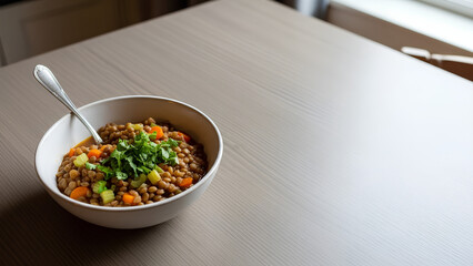 Top view of a simple lentil stew in a modest bowl placed on the left side of a large neutral table, most of the table kept empty as negative space for copy, everyday home kitchen style.