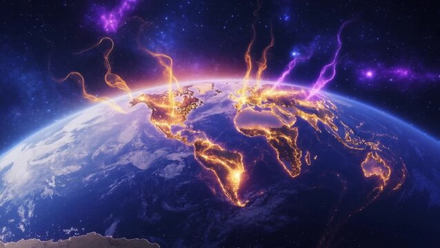 Light and fire coming from the planet Earth