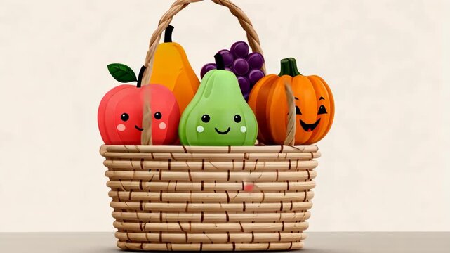 Animated basket of smiling fruits and pumpkins: playful characters in motion