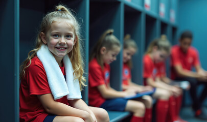 Young girl smiles in locker room with soccer team. Kids prepare for game, sit on bench, wear matching red jerseys. Team spirit, youth sports fun.