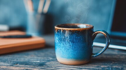 Hot Coffee Mug on Wooden Desk with Steam Rising, Blue Monday Concept of Comfort, Warmth and Emotional Support in Work Environment