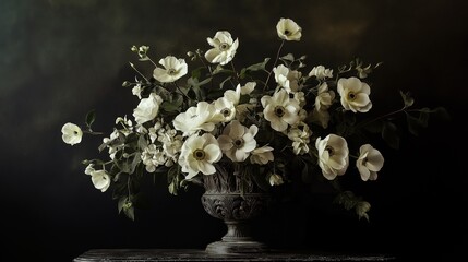still life with a bouquet of white lilies in vase on a dark background. still life.