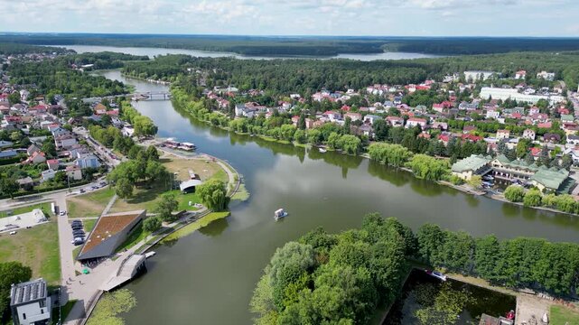 Aerial drone video of Augustow on the Netta River and Augustow Canal, Podlaskie region, Poland