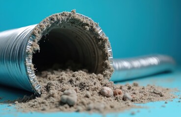 Dirty dryer vent duct full of lint and debris. Flexible aluminum pipe needs cleaning for home safety. Blocked exhaust air flow causes fire risk. Maintenance prevents issues.