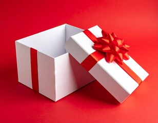 Blank white gift box open or top view of white present box tied with red ribbon bow isolated on dark red background with shadow minimal conceptual 3D rendering 