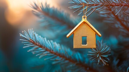 christmas tree house with a toy in a snow - tree on a blurred background. new year 's holiday concept, winter holidays, christmas. selective