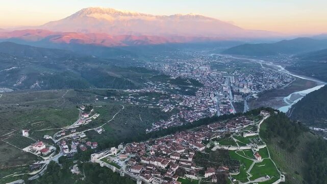 Albania Berat city and tomorrow mountain view from castle wall old Illyrian stronghold