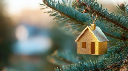 christmas tree house with a toy in a snow - tree on a blurred background. new year 's holiday concept, winter holidays, christmas. selective