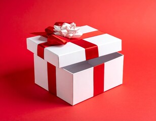 Blank white gift box open or top view of white present box tied with red ribbon bow isolated on dark red background with shadow minimal conceptual 3D rendering 
