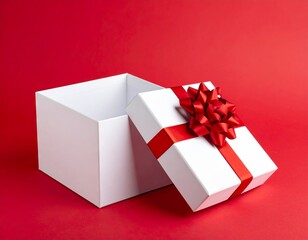 Blank white gift box open or top view of white present box tied with red ribbon bow isolated on dark red background with shadow minimal conceptual 3D rendering 