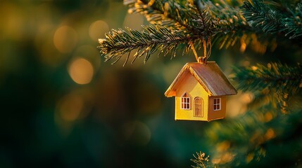 christmas tree house with a toy in a snow - tree on a blurred background. new year 's holiday concept, winter holidays, christmas. selective