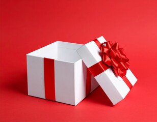Blank white gift box open or top view of white present box tied with red ribbon bow isolated on dark red background with shadow minimal conceptual 3D rendering 