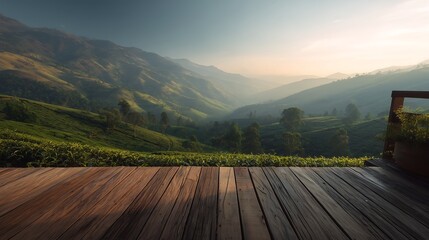 Serene mountain landscape with wooden deck and lush greenery at sunrise