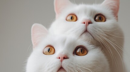 Two white cats with striking orange eyes looking up curiously