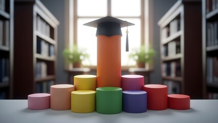 Vibrant cylinders topped with graduation cap in library setting for learning and education