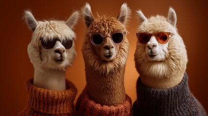 Three llamas wearing sunglasses and sweaters in stylish poses