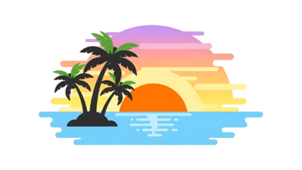 A vibrant tropical island with palm trees at sunset on transparent background