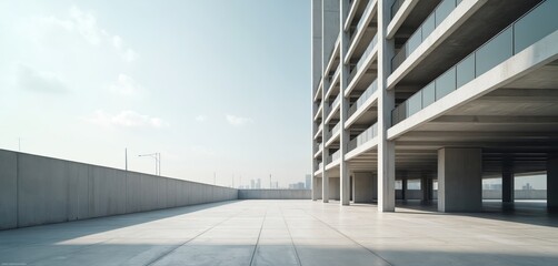 Modern concrete multi level parking structure with glass railings and clear sky. An empty outdoor elevated platform offers city skyline view. This space suits transport or architecture themes.