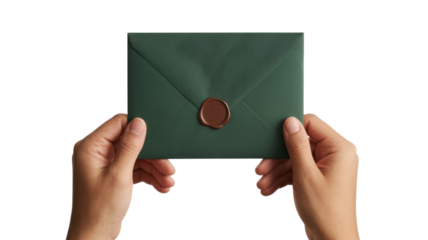 Person presenting closed deep green paper letter secured with wax