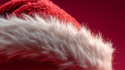 Close-up of Santa hat with white fur trim on red background
