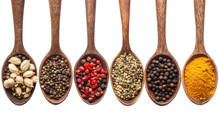 Assorted kitchen spices like cardamom peppercorns and turmeric in wood