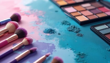 Makeup brushes, palettes arranged on surface with scattered colorful powders. Various shades of eyeshadow, blush visible. Image suits beauty blogs, makeup tutorials, cosmetic advertisements.