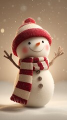 Adorable snowman in red hat and scarf smiling in winter wonderland