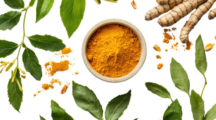 Turmeric powder in bowl, fresh roots, green leaves, spice ingredient