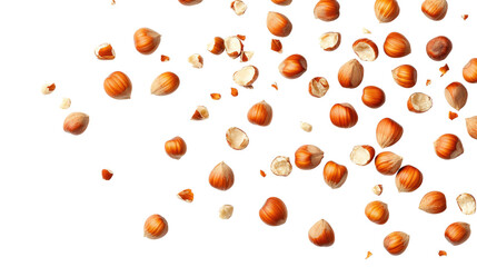 Hazelnuts scattered, whole and cracked nuts, healthy snack, food ingredient